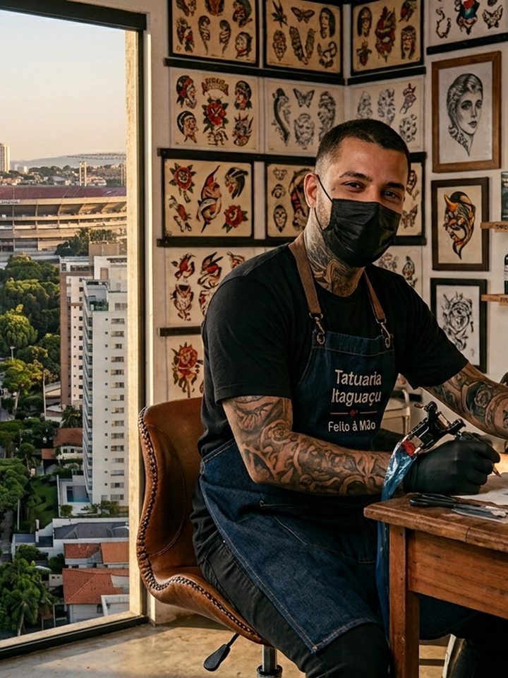 Tatuador autônomo trabalhando no seu estúdio