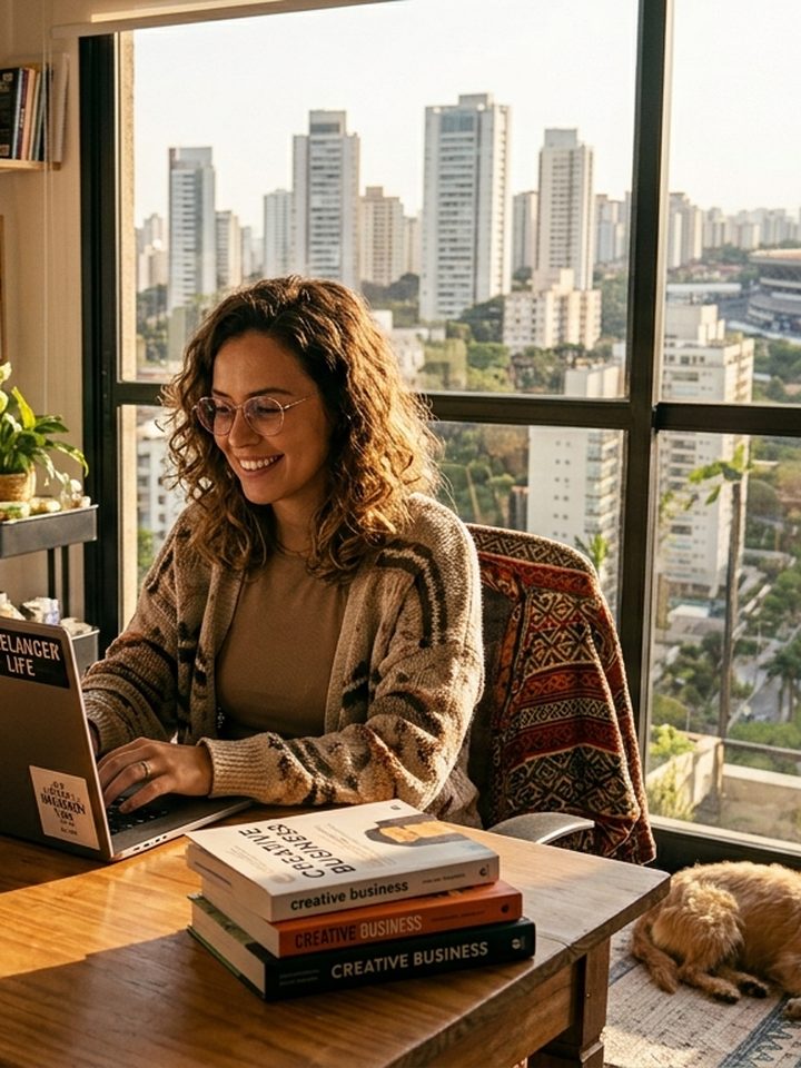Profissional autônoma trabalhando no computador em casa